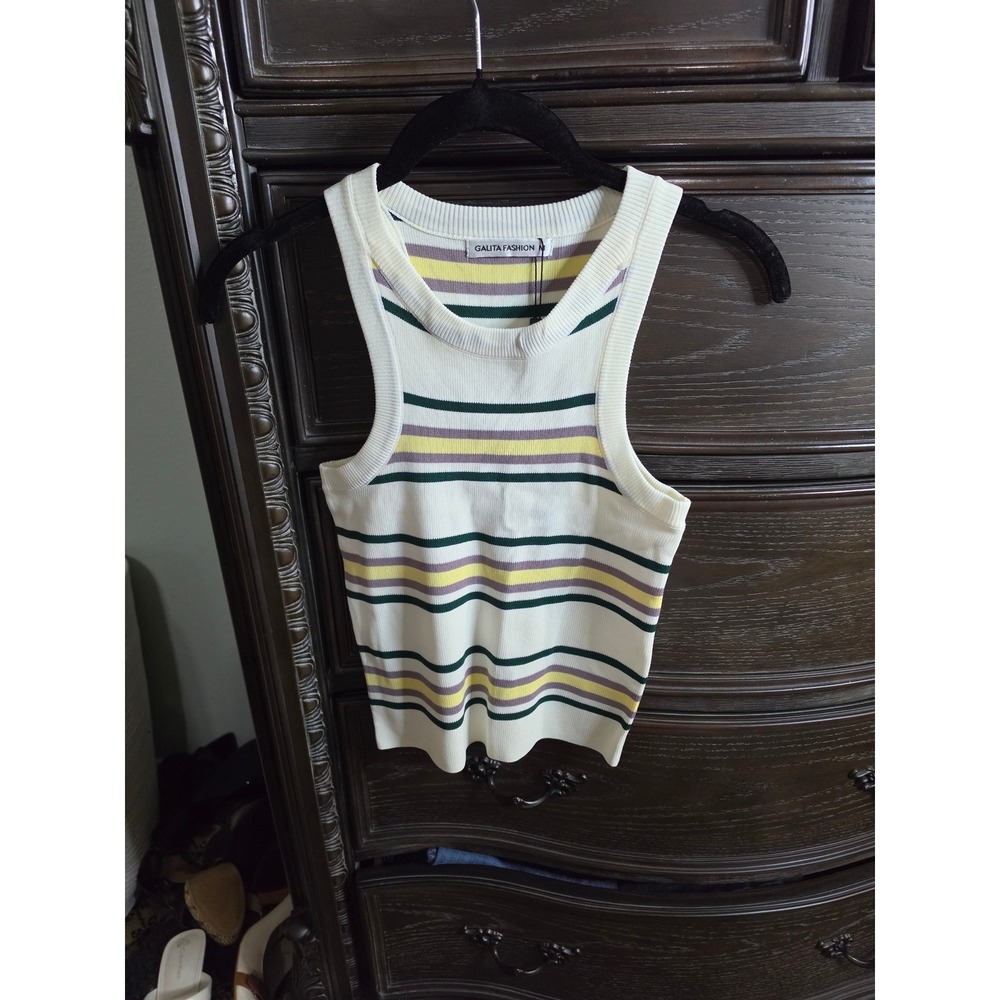 Galita Fashion Striped Knit Tank Top White Green Yellow GTD12074 Size M NWT